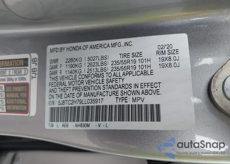 2020 Acura Rdx Advance Package z USA, uszkodzony, nr VIN 5J8TC2H79LL035917